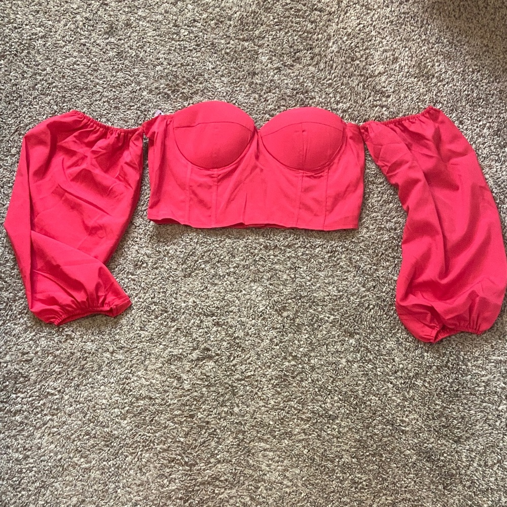 ☀️ SHEIN Off-Shoulder Puff Sleeve Bustier Crop Top - Pink